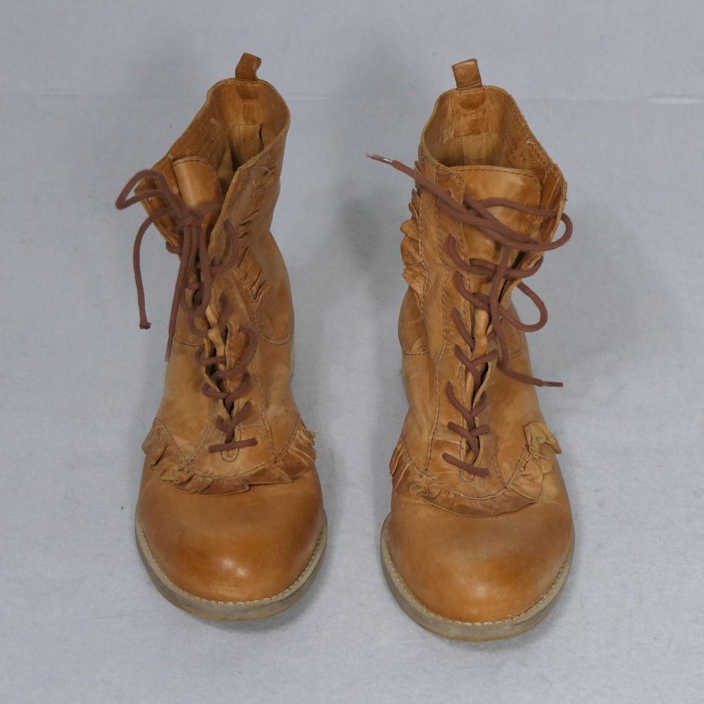 Miss Albright Womens Ankle Boots 7B Tan Lace Up Ruffle Leather Cottagecore Boho